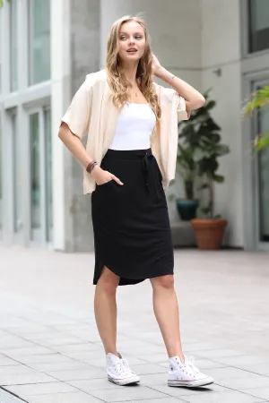 , SI-16191 Elastic Waist Self Tie Tulip Hem Skirt W/Pockets: BLACK-87568 / M , SI-16191 Elastic Waist Self Tie Tulip Hem Skirt W/Pockets: BLACK-87568 / M