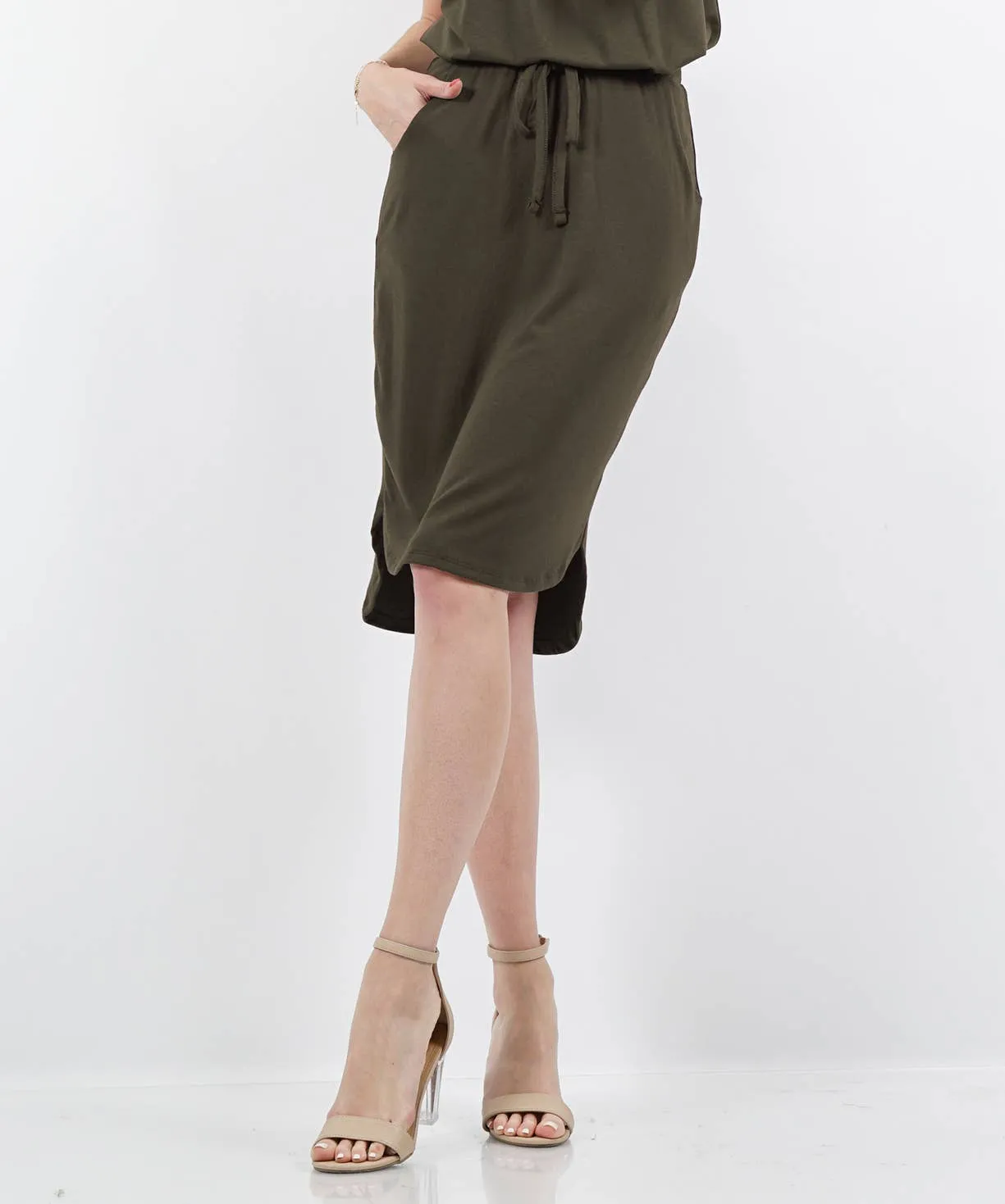 , SI-16191 Elastic Waist Self Tie Tulip Hem Skirt W/Pockets: BUTTERORANGE-135888 / M