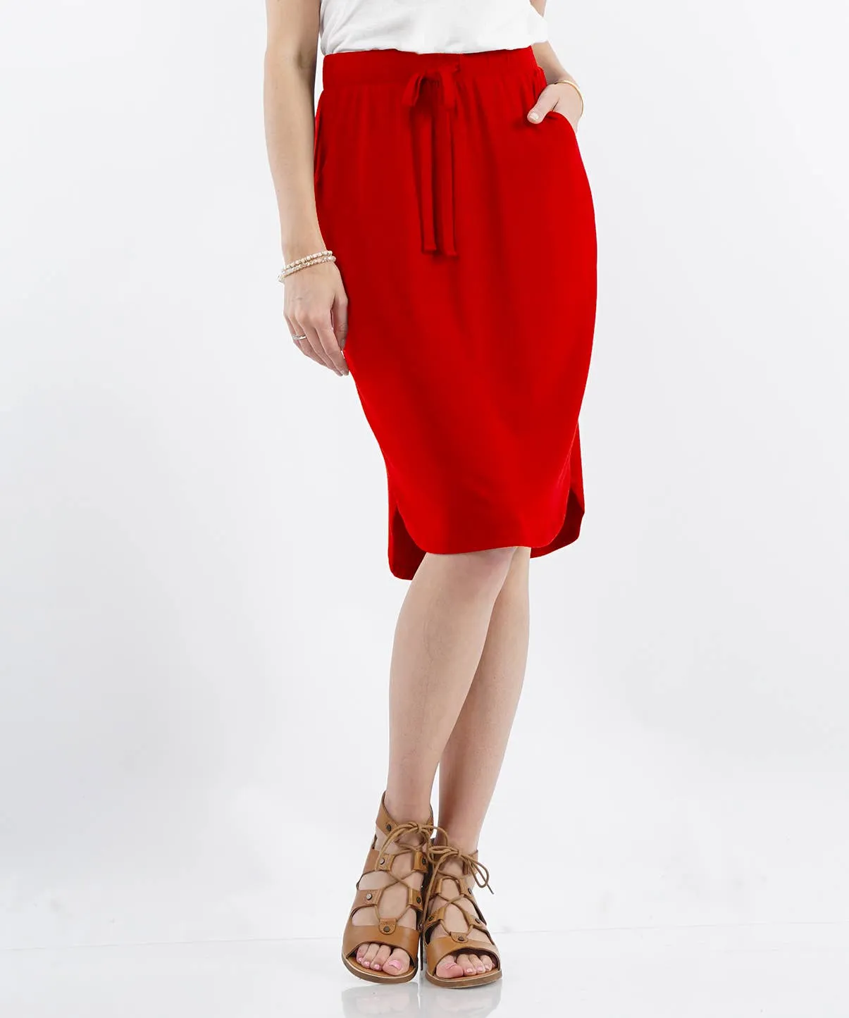 , SI-16191 Elastic Waist Self Tie Tulip Hem Skirt W/Pockets: BUTTERORANGE-135888 / M
