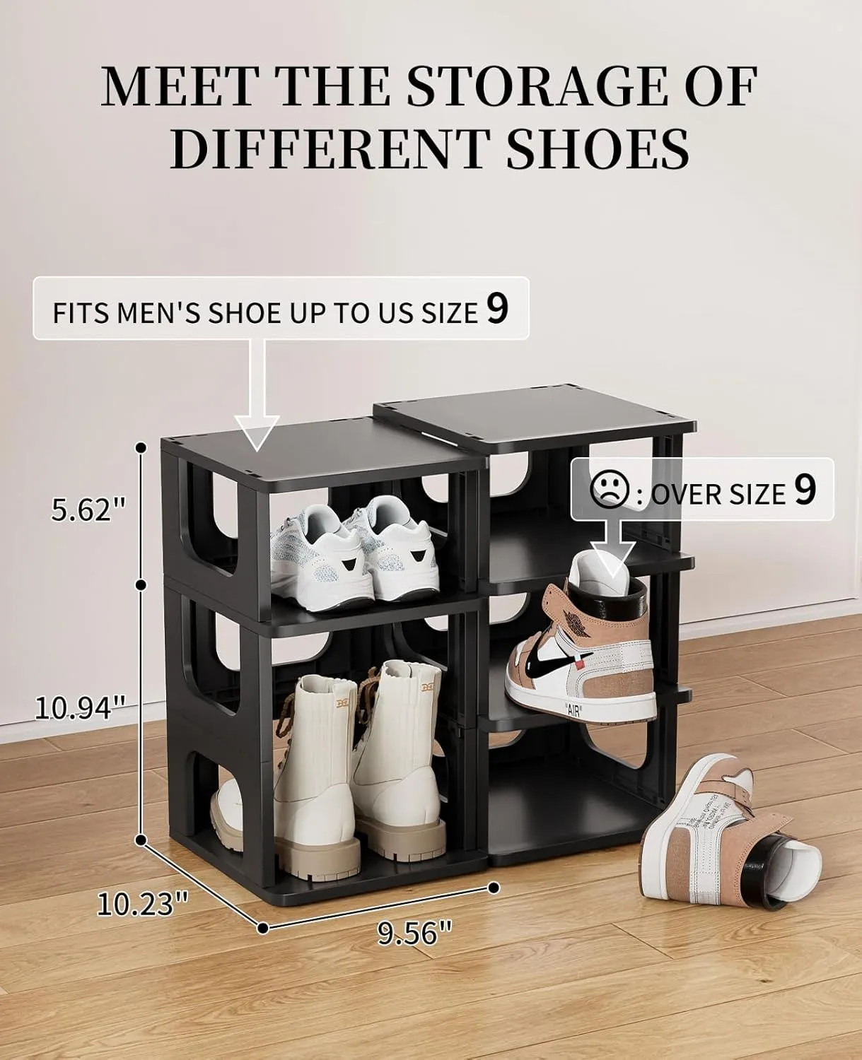 5 Tier Plastic Vertical Narrow Shelves for Closet Black Shoe Holder, Stand for Entryway Storage Boots Organizer Stackable Cabinet, Black