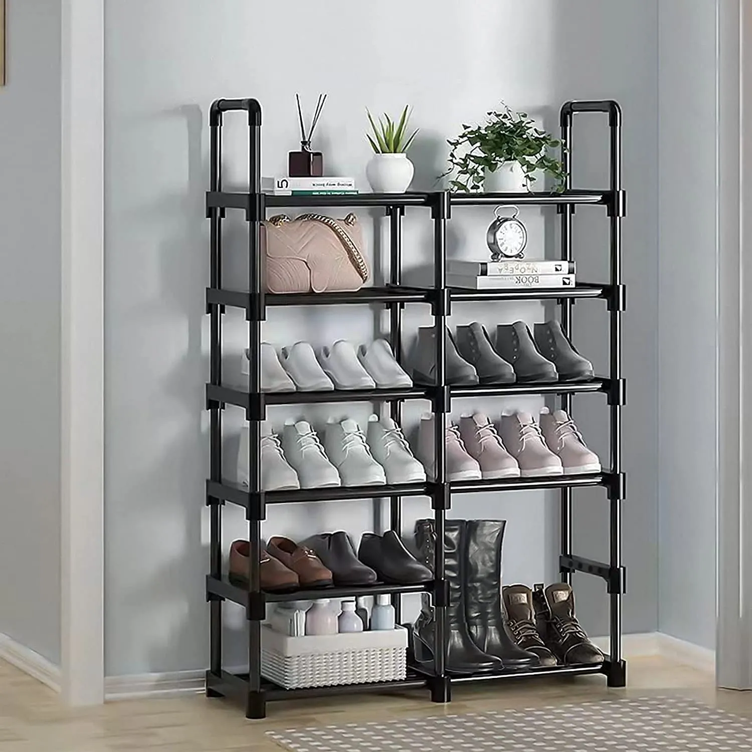 6 Tiers Shoe Storage Organizer Shelf Adjustable Stainless Steel Shoe Stand, Durable Large Free Standing Shoe Rack for Home Doorway Hallway