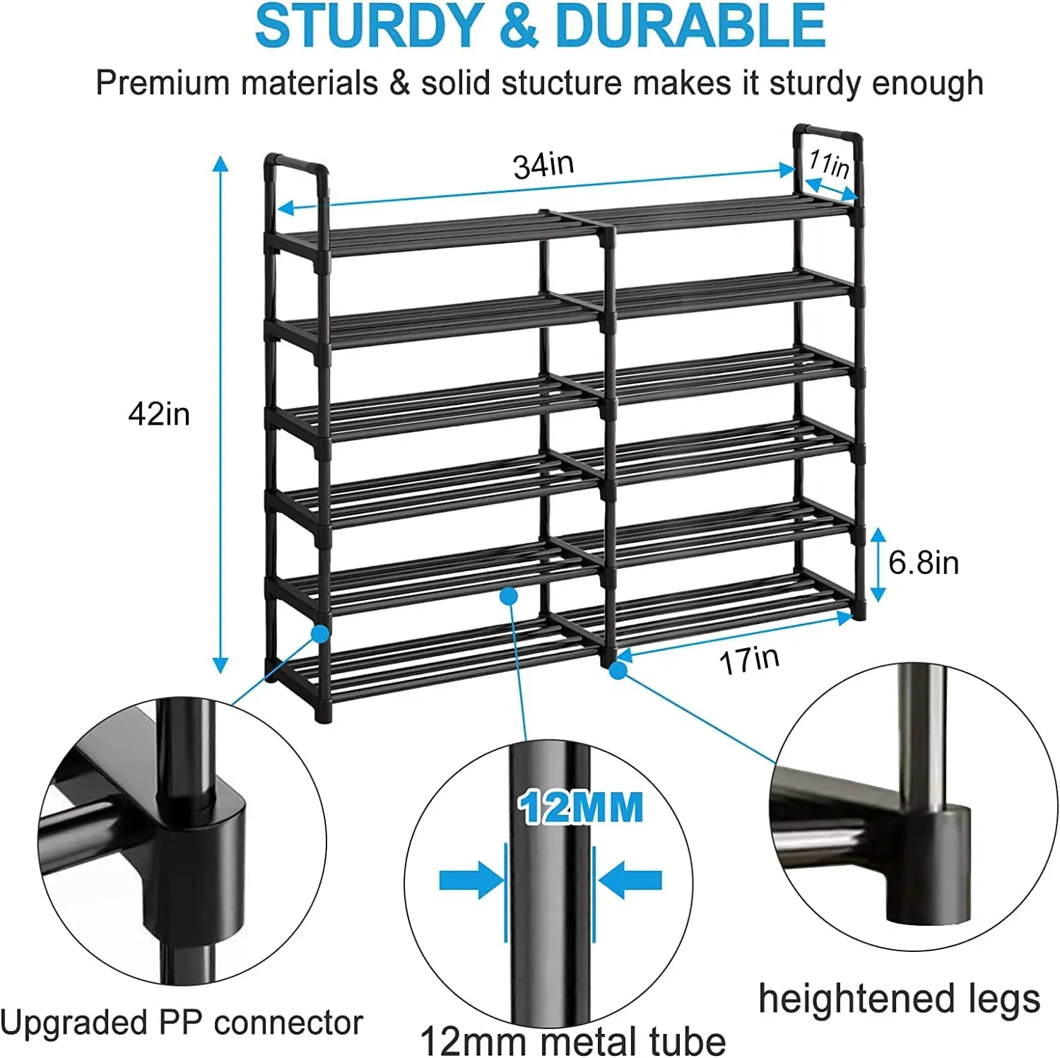 6 Tiers Shoe Storage Organizer Shelf Adjustable Stainless Steel Shoe Stand, Durable Large Free Standing Shoe Rack for Home Doorway Hallway