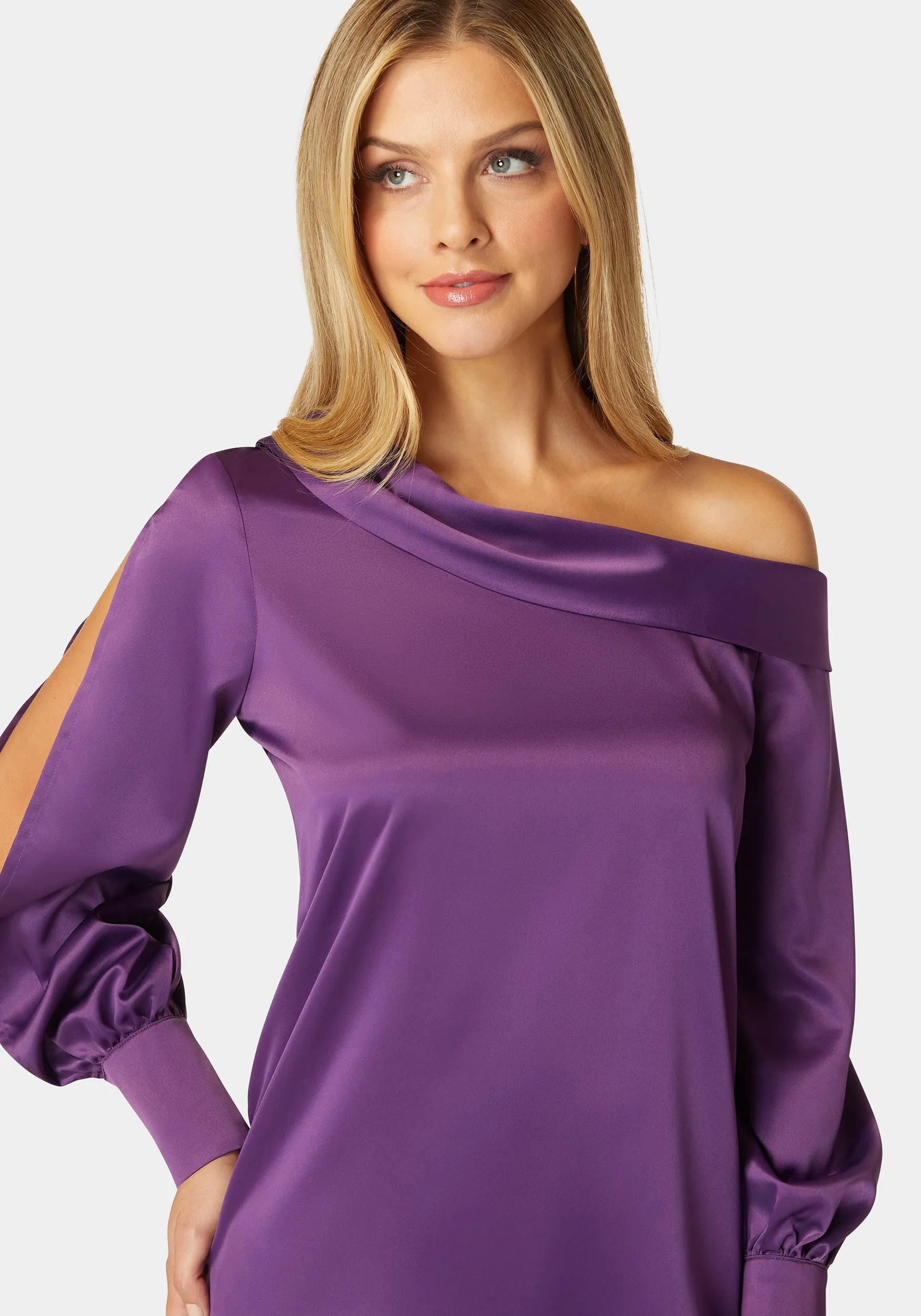 Asymmetrical Long Sleeve Slit Detail Satin Blouse