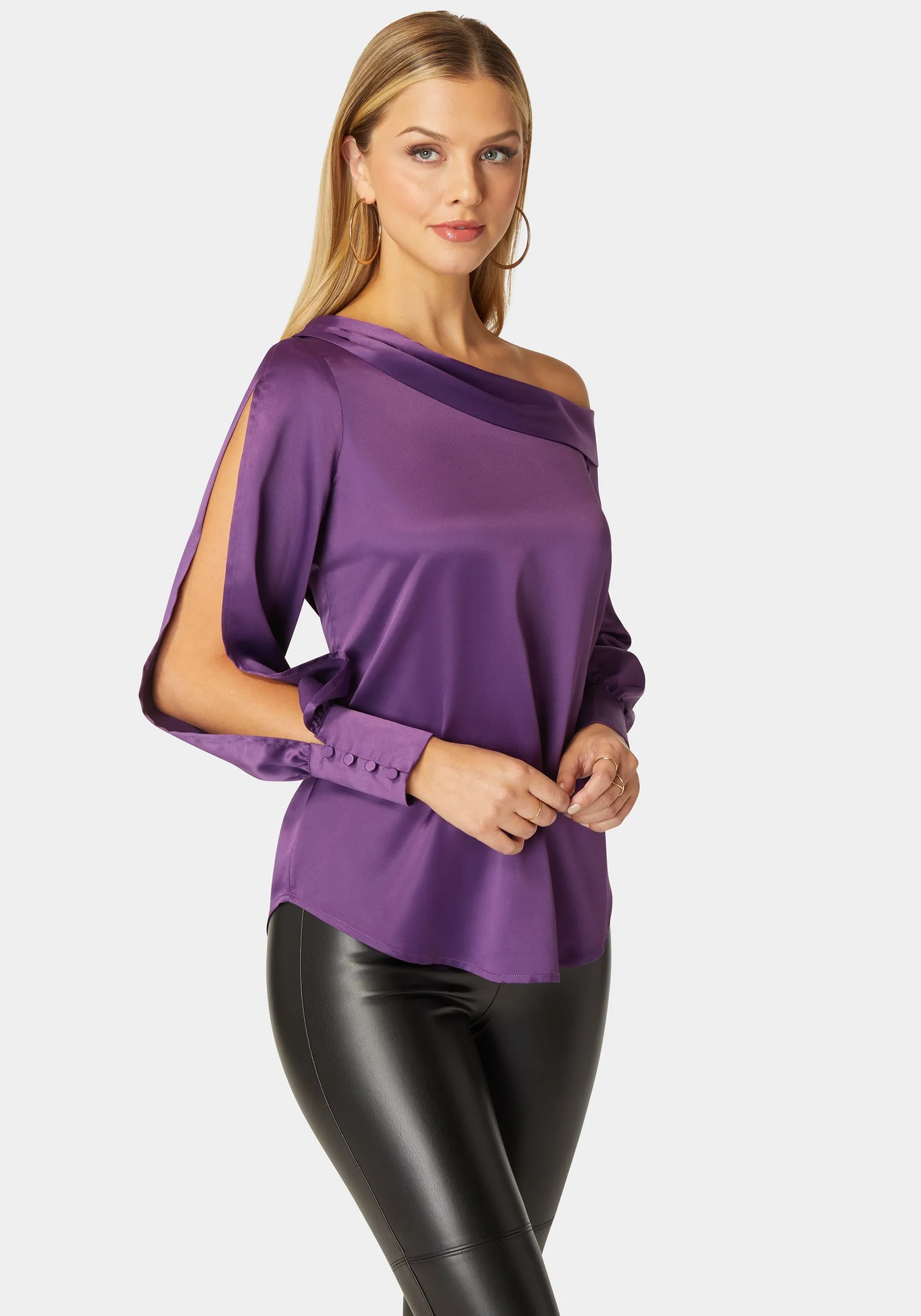 Asymmetrical Long Sleeve Slit Detail Satin Blouse