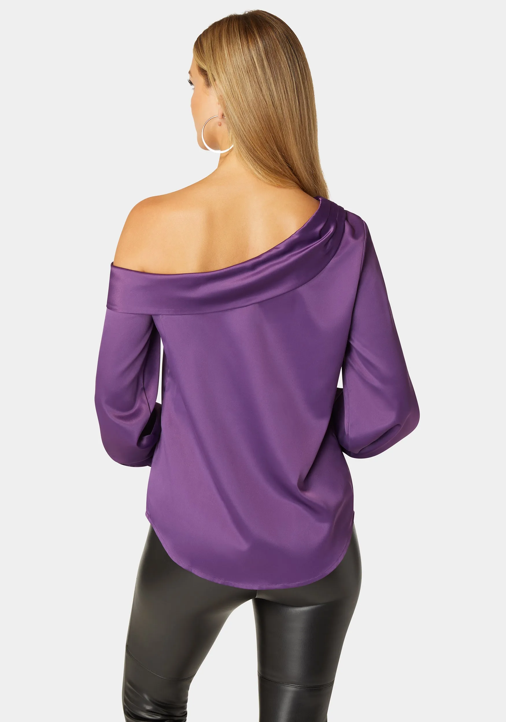 Asymmetrical Long Sleeve Slit Detail Satin Blouse