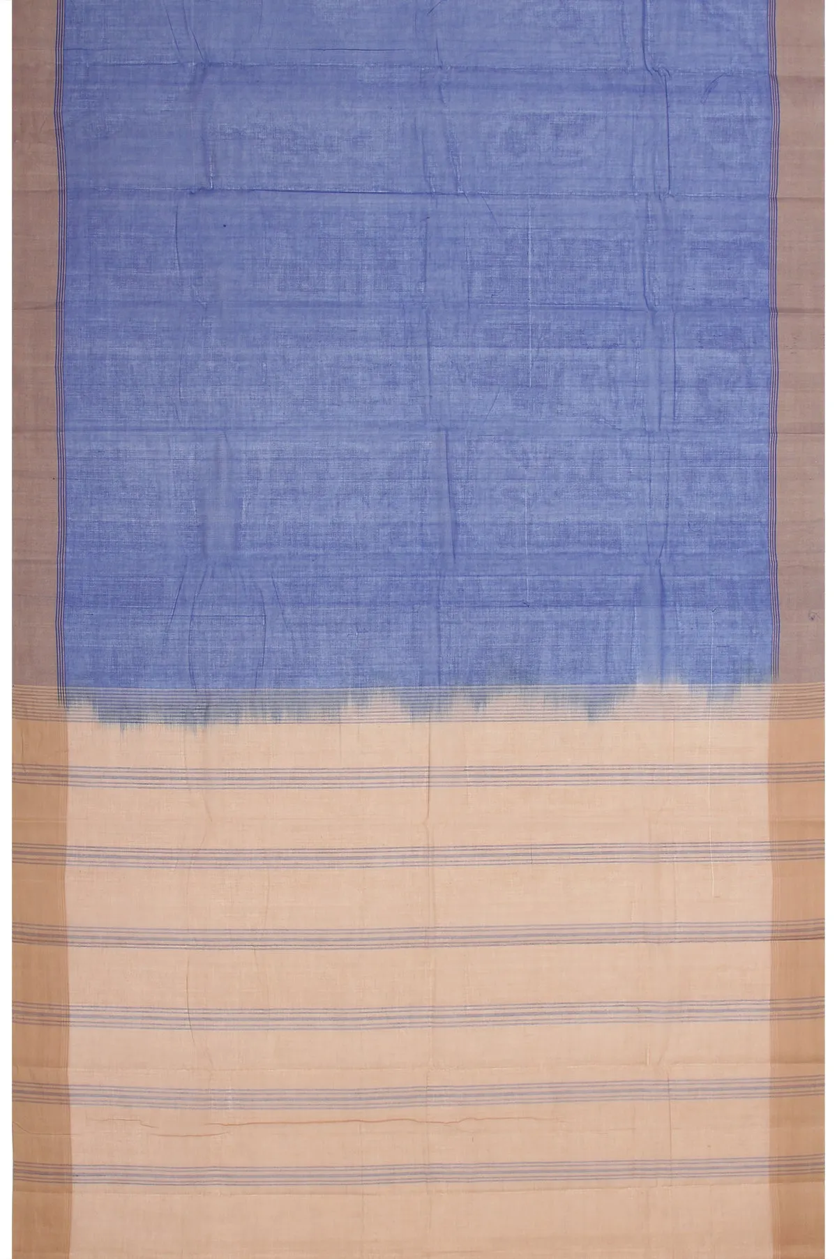 Blue Kanchi Cotton Saree with Beige Blue Stripes and Plain Design