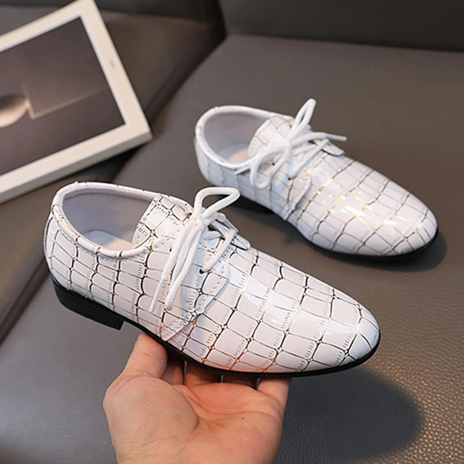 Boys Dress Shoes Kids Pointed Toe Low Heel Lace Up Leather Oxfords Dance Party Wedding Birthday Stage Dressy Shoes