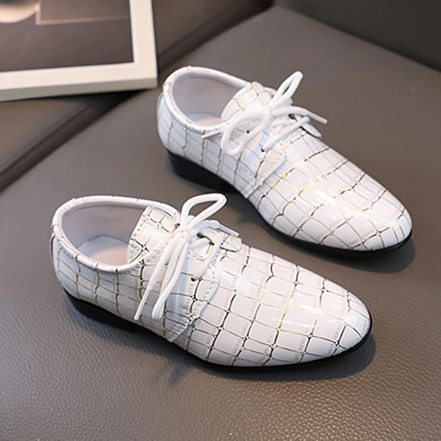 Boys Dress Shoes Kids Pointed Toe Low Heel Lace Up Leather Oxfords Dance Party Wedding Birthday Stage Dressy Shoes