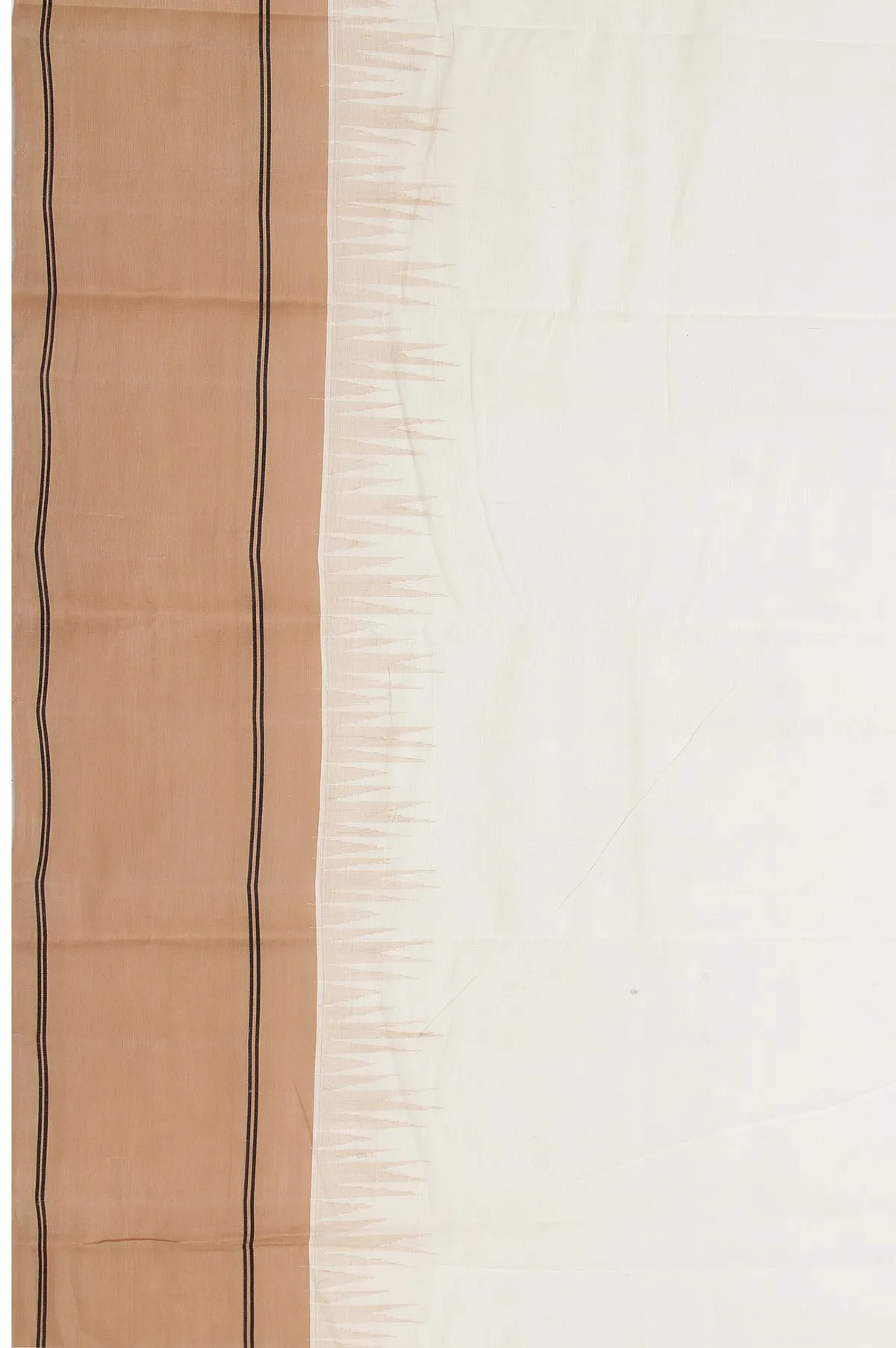 Cream Kanchi Cotton Saree with Beige Black Stripes and Plain Design