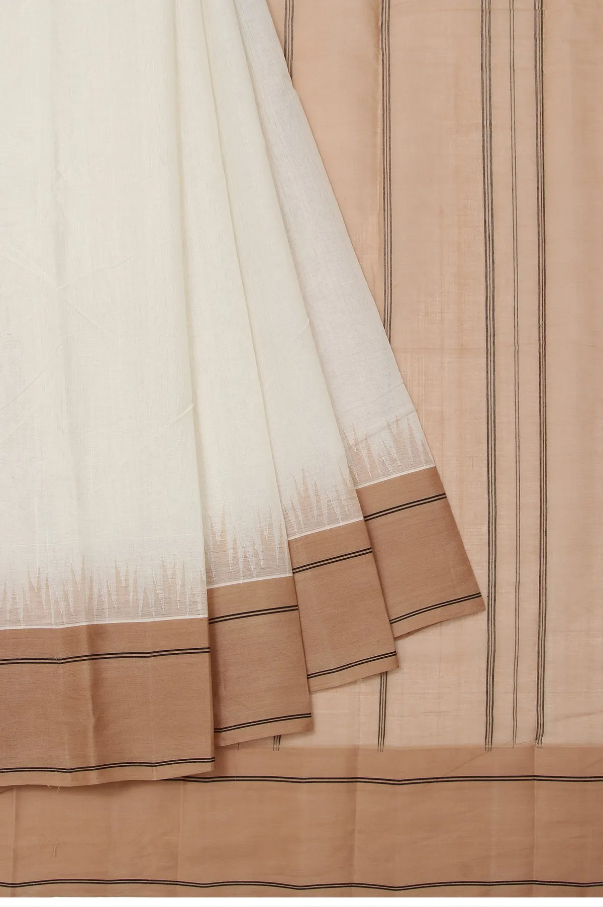 Cream Kanchi Cotton Saree with Beige Black Stripes and Plain Design