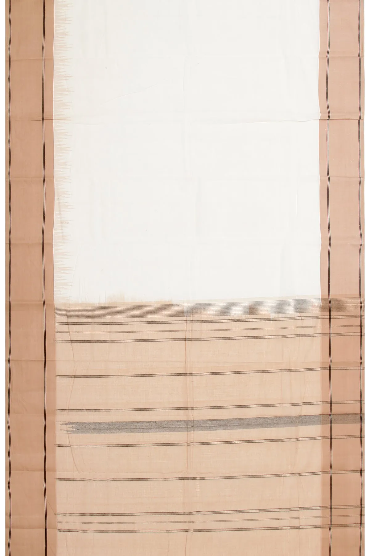 Cream Kanchi Cotton Saree with Beige Black Stripes and Plain Design