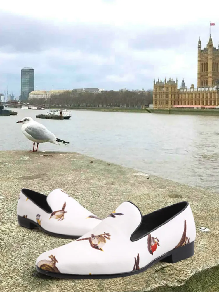 European and American big-name style white bird print silk handmade loafers men's trendy party banquet slip-on trendy shoes