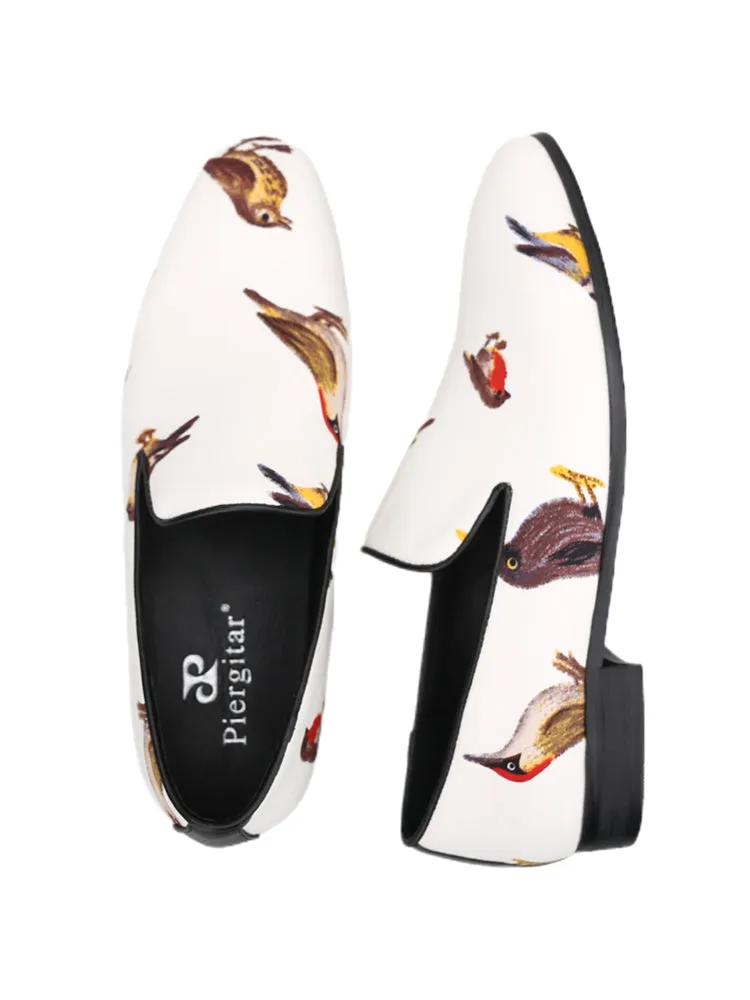 European and American big-name style white bird print silk handmade loafers men's trendy party banquet slip-on trendy shoes