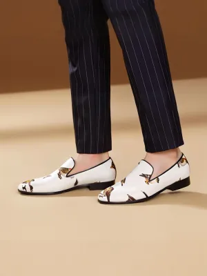 European and American big-name style white bird print silk handmade loafers men's trendy party banquet slip-on trendy shoes