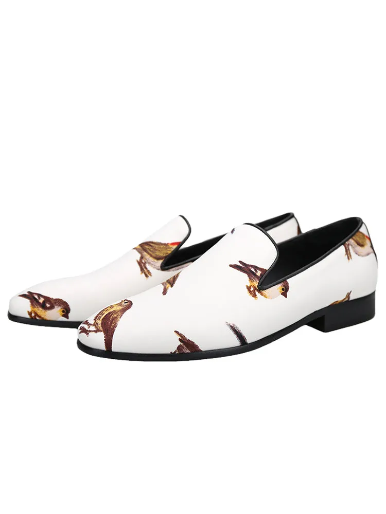 European and American big-name style white bird print silk handmade loafers men's trendy party banquet slip-on trendy shoes