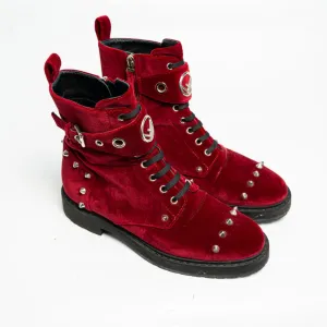 Fendi Velvet Studded FF Combat Boots 39.5 Bordeaux, 38