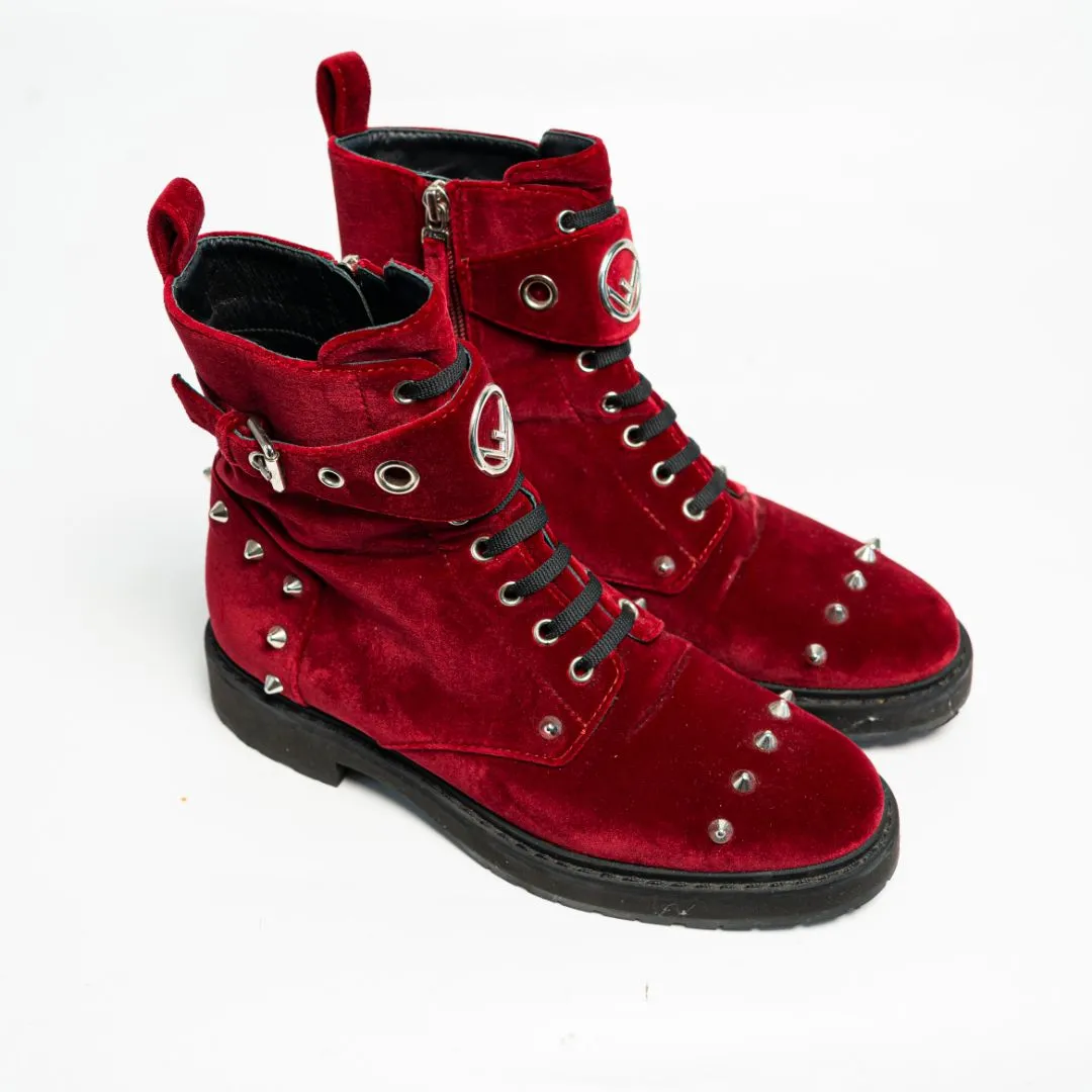 Fendi Velvet Studded FF Combat Boots 39.5 Bordeaux, 38