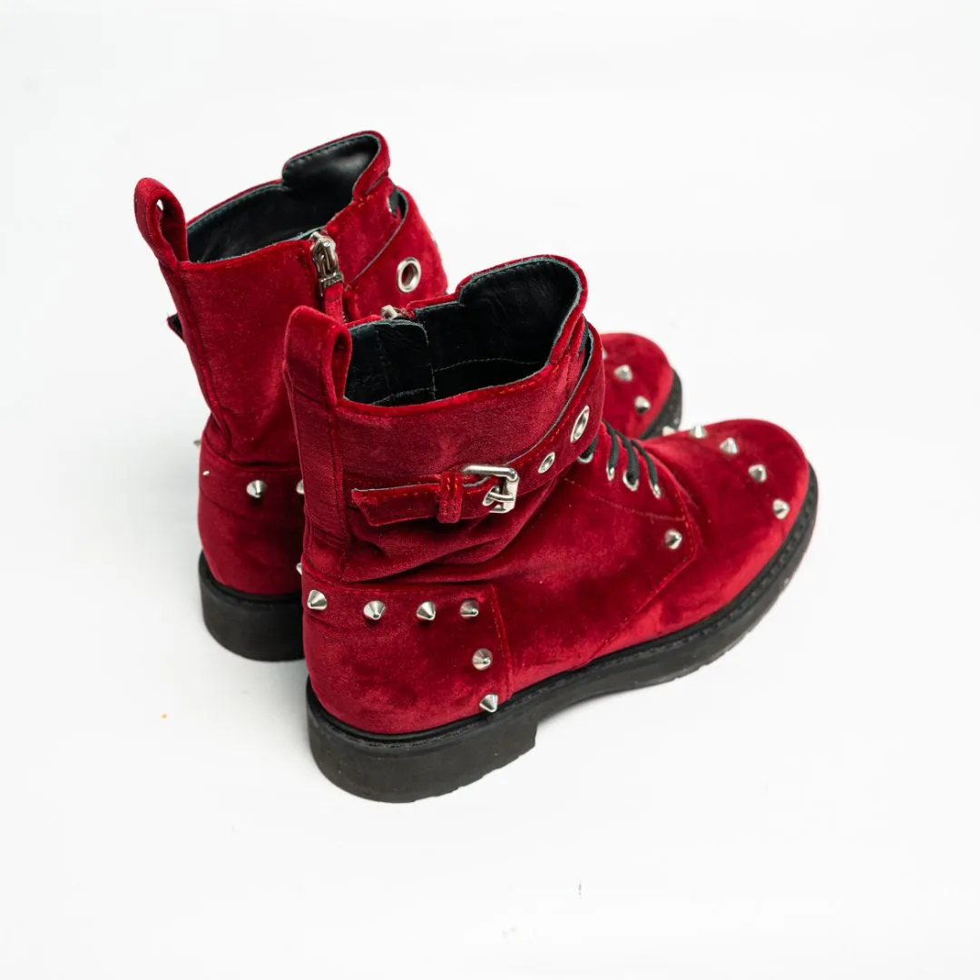 Fendi Velvet Studded FF Combat Boots 39.5 Bordeaux, 38