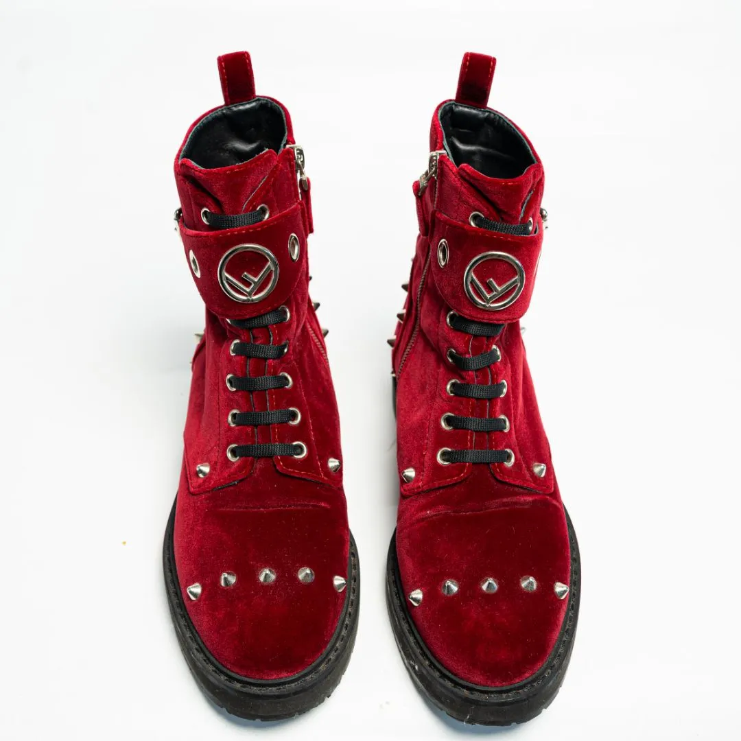 Fendi Velvet Studded FF Combat Boots 39.5 Bordeaux, 38