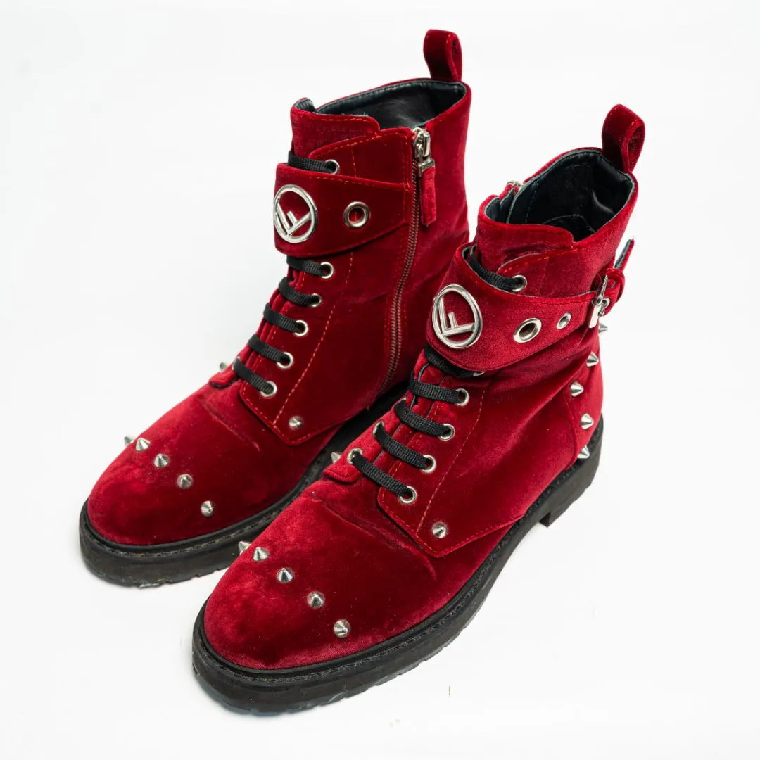 Fendi Velvet Studded FF Combat Boots 39.5 Bordeaux, 38