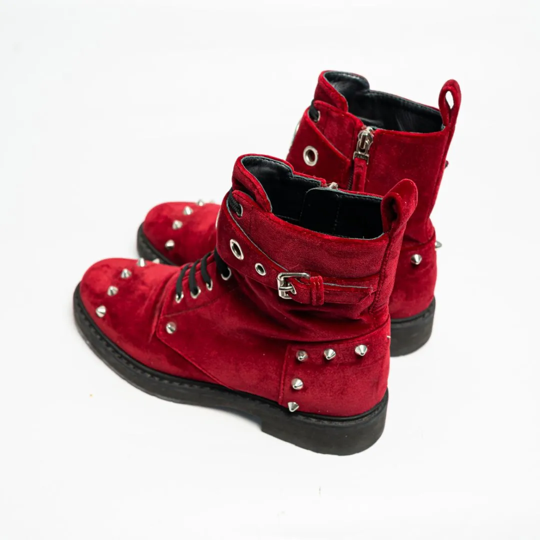 Fendi Velvet Studded FF Combat Boots 39.5 Bordeaux, 38