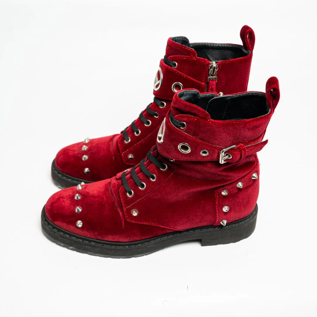Fendi Velvet Studded FF Combat Boots 39.5 Bordeaux, 38