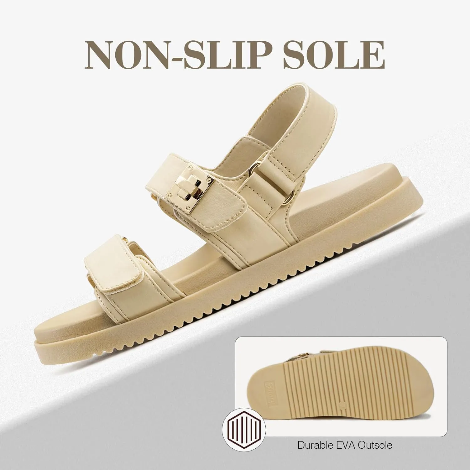 FITORY Women's Flat Sandals Classic Adjustable Double Strap with Cushioned Footbed for Summer Size 6-11