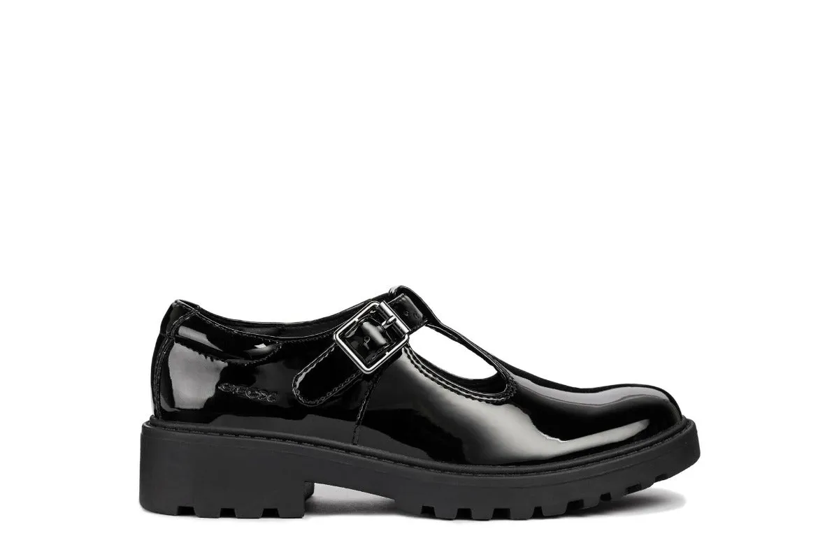 Geox Casey T-Bar Black Patent School Shoes