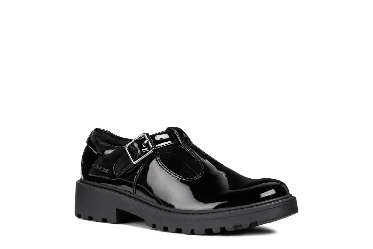 Geox Casey T-Bar Black Patent School Shoes
