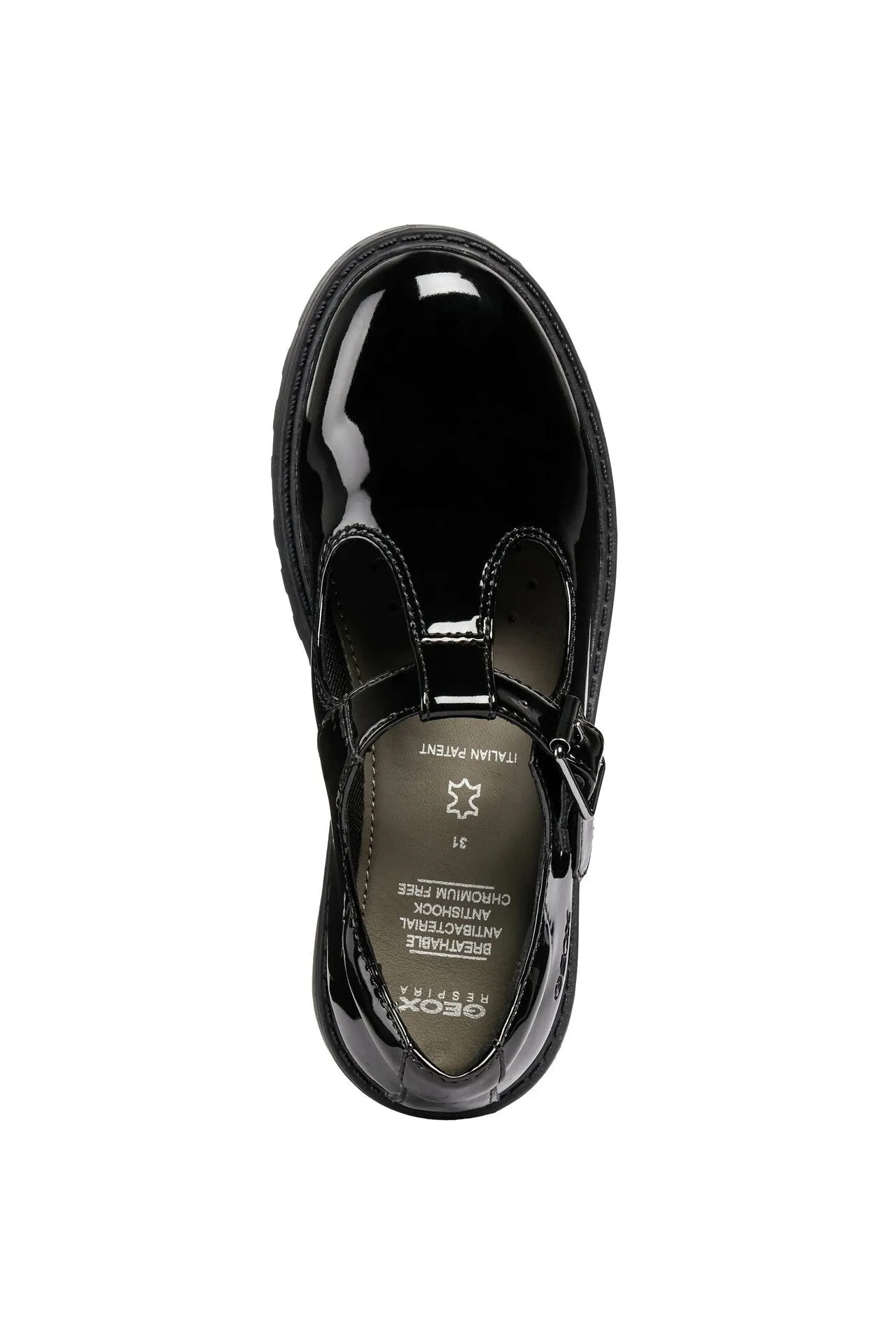 Geox Casey T-Bar Black Patent School Shoes