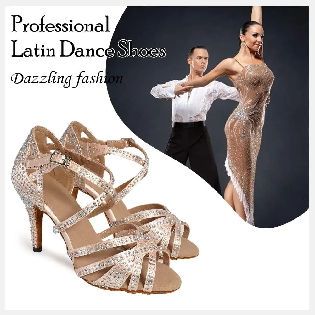 HIPPOSEUS Women's Latin Dance Shoes Shiny Rhinestones Ballroom Party Salsa Dance Performace Shoes,Model 1046