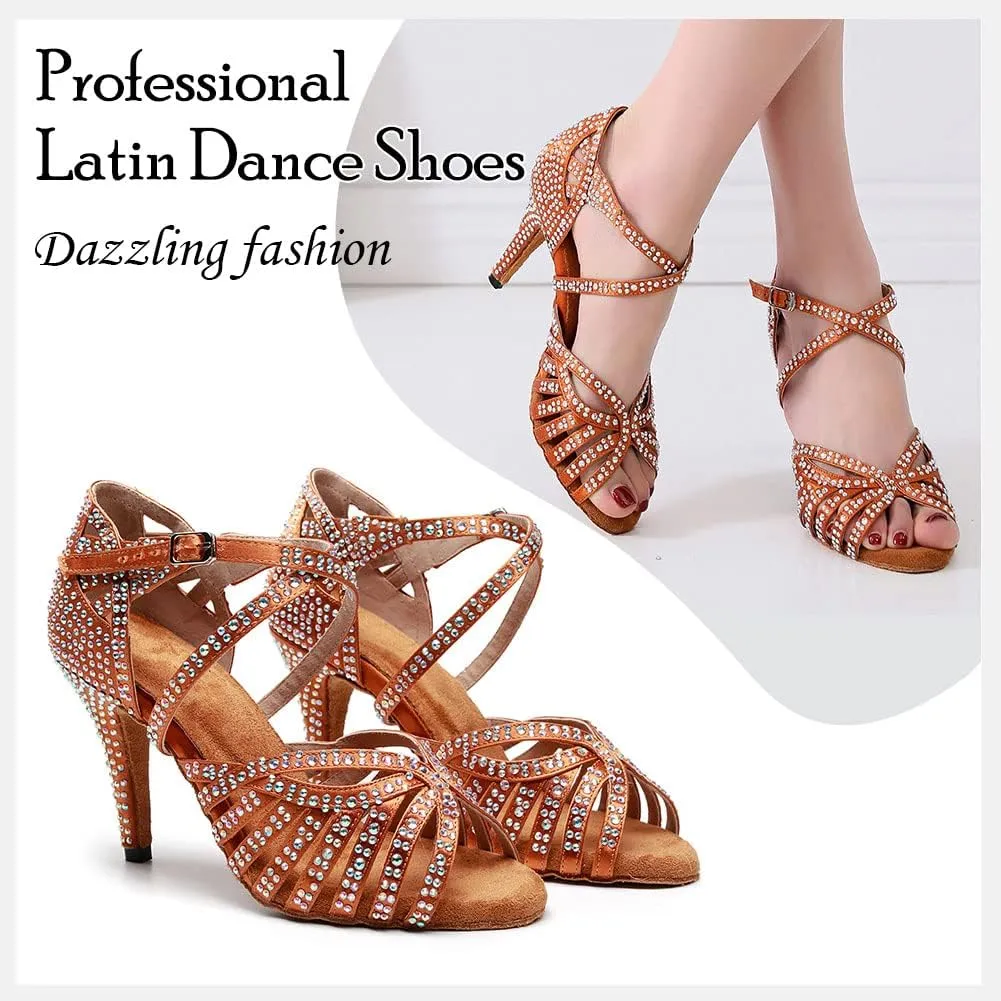HIPPOSEUS Women's Latin Dance Shoes Shiny Rhinestones Ballroom Party Salsa Dance Performace Shoes,Model 1046