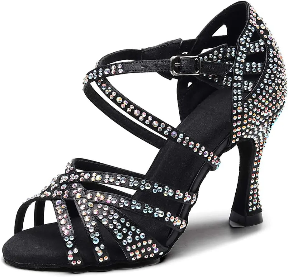 HIPPOSEUS Women's Latin Dance Shoes Shiny Rhinestones Ballroom Party Salsa Dance Performace Shoes,Model 1046
