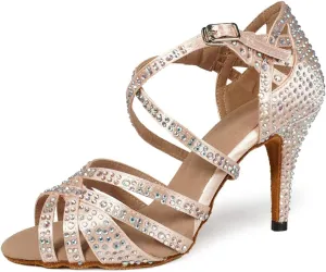 HIPPOSEUS Women's Latin Dance Shoes Shiny Rhinestones Ballroom Party Salsa Dance Performace Shoes,Model 1046