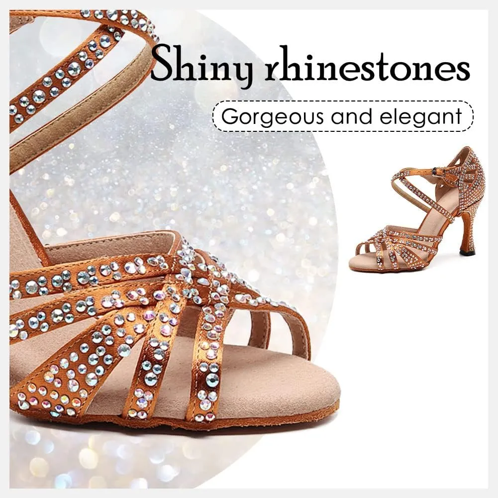HIPPOSEUS Women's Latin Dance Shoes Shiny Rhinestones Ballroom Party Salsa Dance Performace Shoes,Model 1046