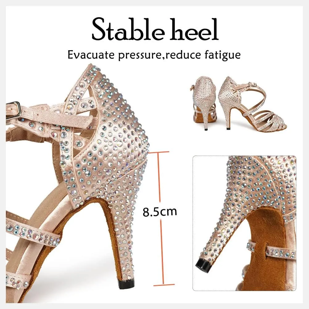 HIPPOSEUS Women's Latin Dance Shoes Shiny Rhinestones Ballroom Party Salsa Dance Performace Shoes,Model 1046