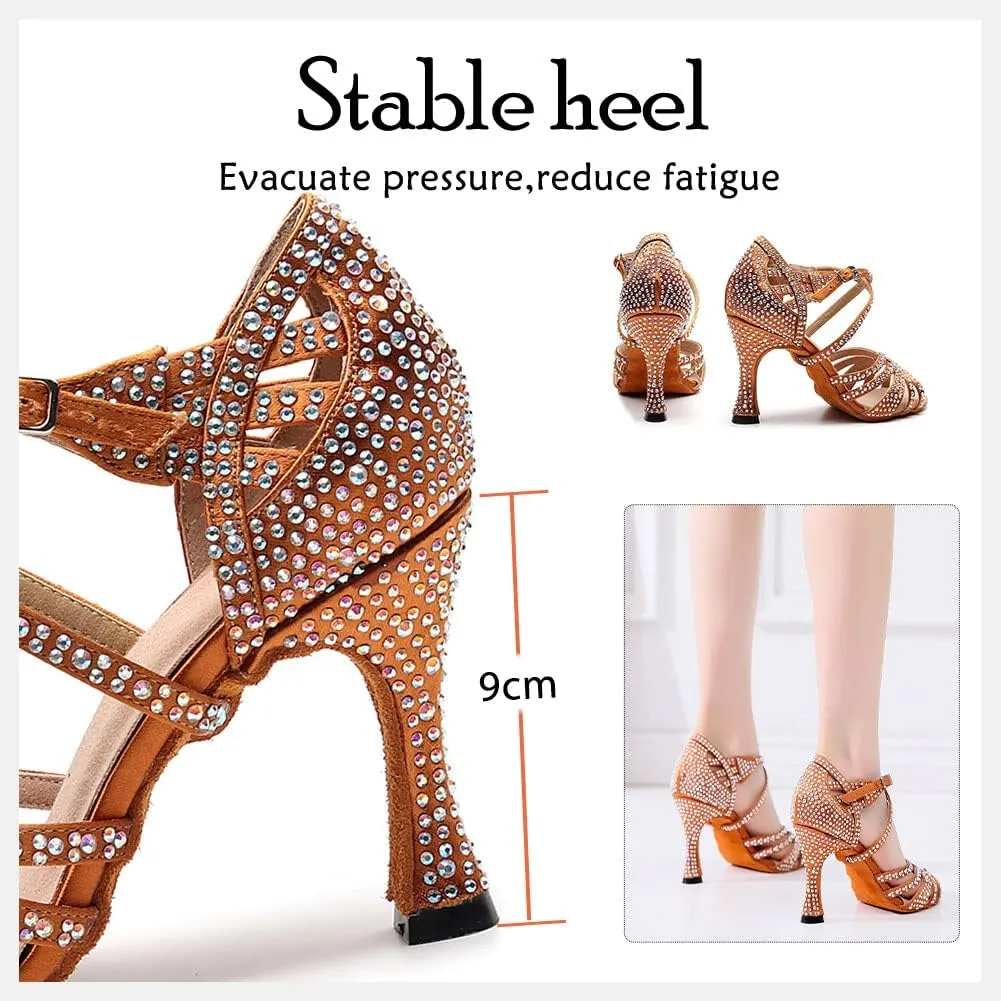 HIPPOSEUS Women's Latin Dance Shoes Shiny Rhinestones Ballroom Party Salsa Dance Performace Shoes,Model 1046