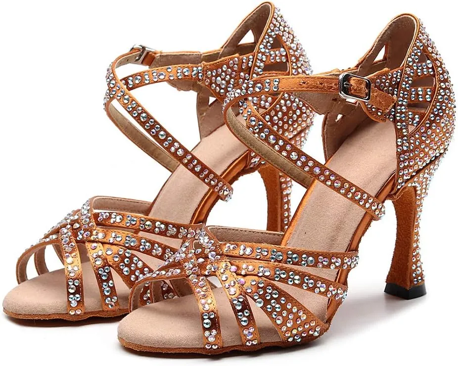 HIPPOSEUS Women's Latin Dance Shoes Shiny Rhinestones Ballroom Party Salsa Dance Performace Shoes,Model 1046