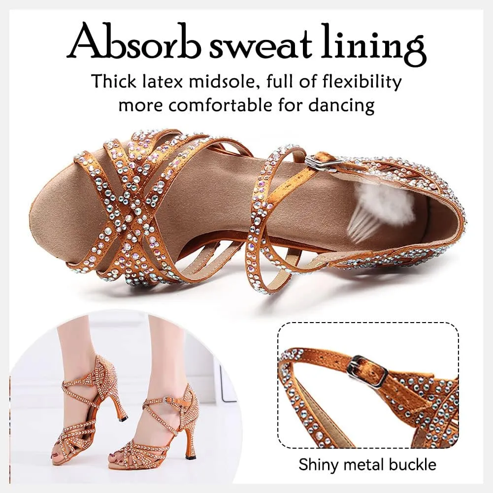 HIPPOSEUS Women's Latin Dance Shoes Shiny Rhinestones Ballroom Party Salsa Dance Performace Shoes,Model 1046