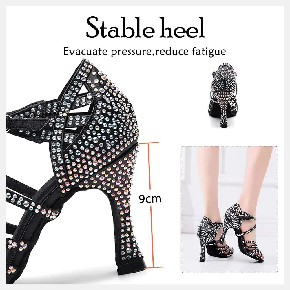 HIPPOSEUS Women's Latin Dance Shoes Shiny Rhinestones Ballroom Party Salsa Dance Performace Shoes,Model 1046