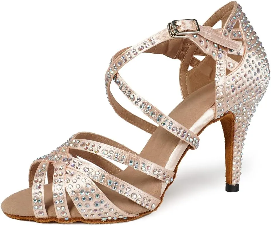 HIPPOSEUS Women's Latin Dance Shoes Shiny Rhinestones Ballroom Party Salsa Dance Performace Shoes,Model 1046