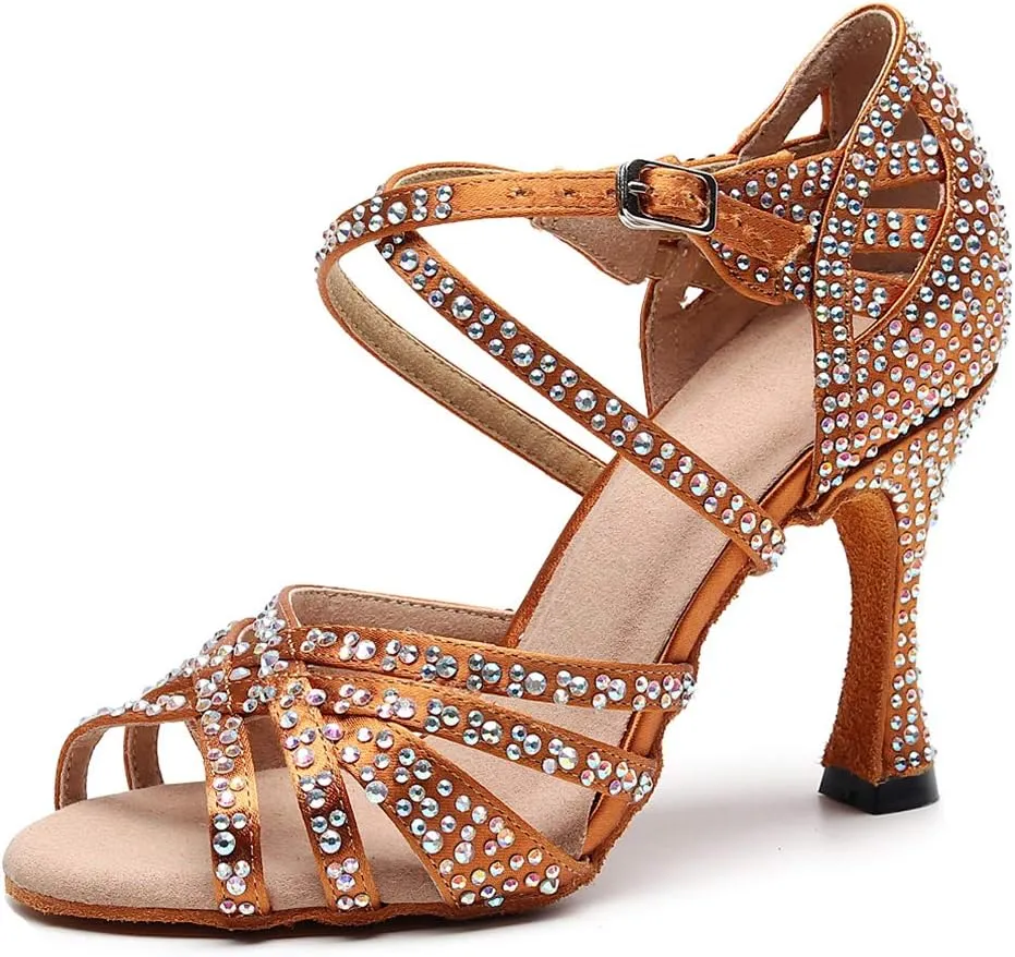 HIPPOSEUS Women's Latin Dance Shoes Shiny Rhinestones Ballroom Party Salsa Dance Performace Shoes,Model 1046