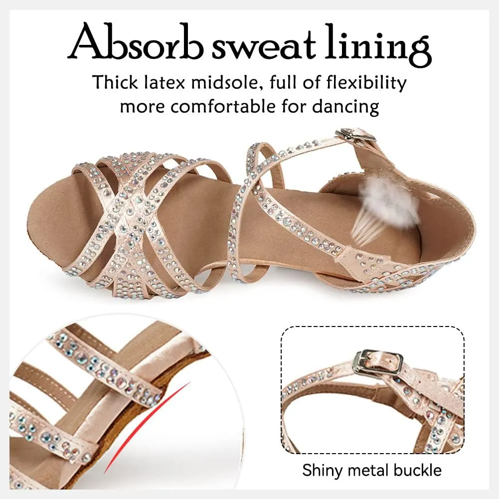 HIPPOSEUS Women's Latin Dance Shoes Shiny Rhinestones Ballroom Party Salsa Dance Performace Shoes,Model 1046