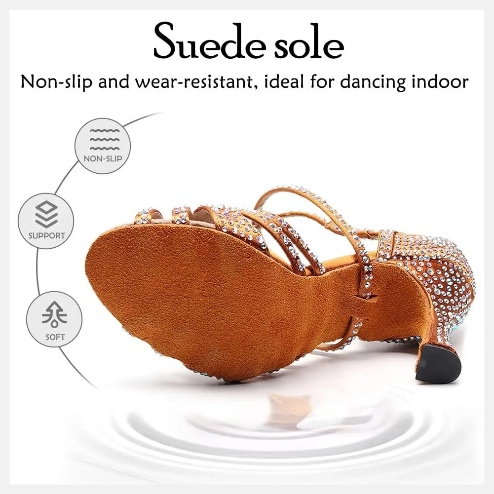 HIPPOSEUS Women's Latin Dance Shoes Shiny Rhinestones Ballroom Party Salsa Dance Performace Shoes,Model 1046