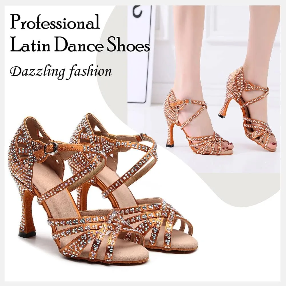HIPPOSEUS Women's Latin Dance Shoes Shiny Rhinestones Ballroom Party Salsa Dance Performace Shoes,Model 1046