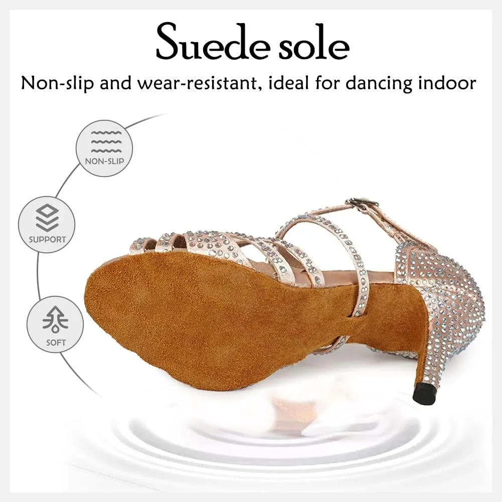 HIPPOSEUS Women's Latin Dance Shoes Shiny Rhinestones Ballroom Party Salsa Dance Performace Shoes,Model 1046