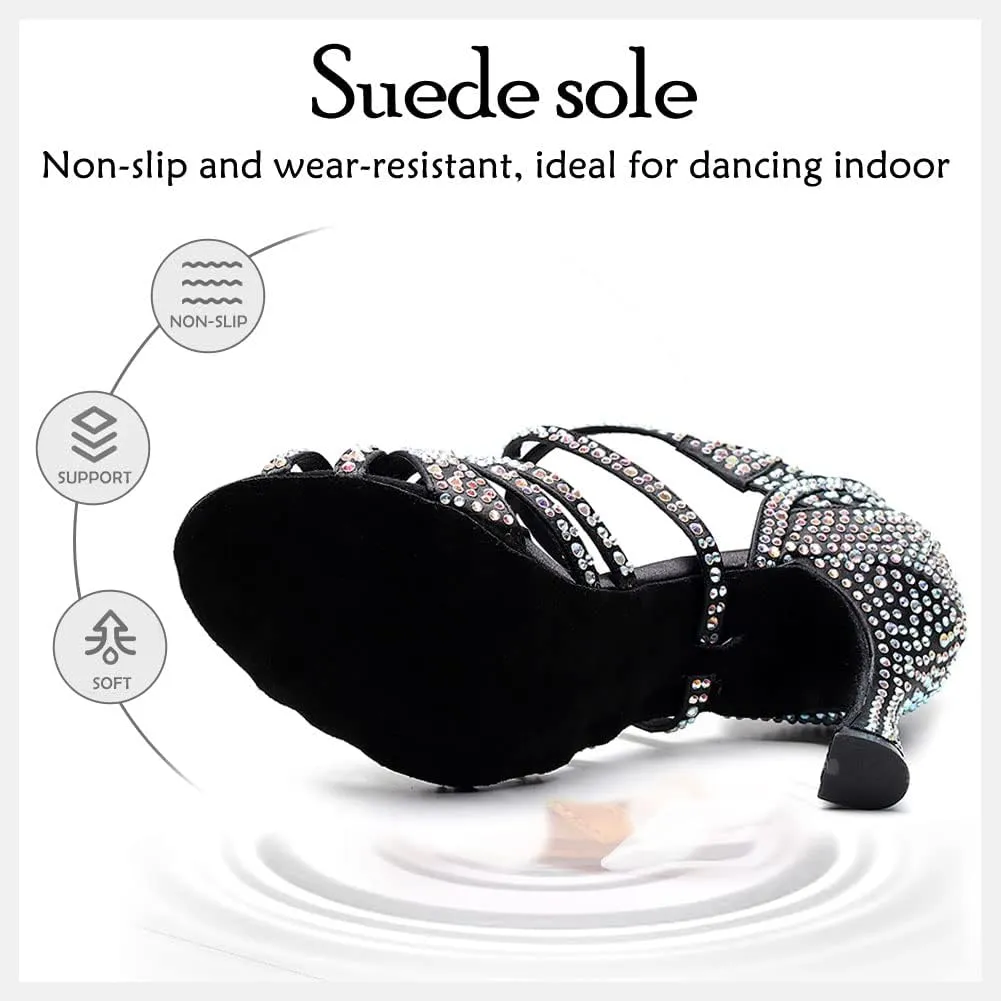 HIPPOSEUS Women's Latin Dance Shoes Shiny Rhinestones Ballroom Party Salsa Dance Performace Shoes,Model 1046