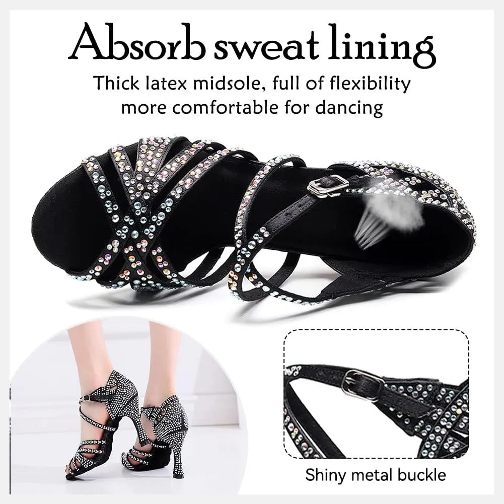 HIPPOSEUS Women's Latin Dance Shoes Shiny Rhinestones Ballroom Party Salsa Dance Performace Shoes,Model 1046