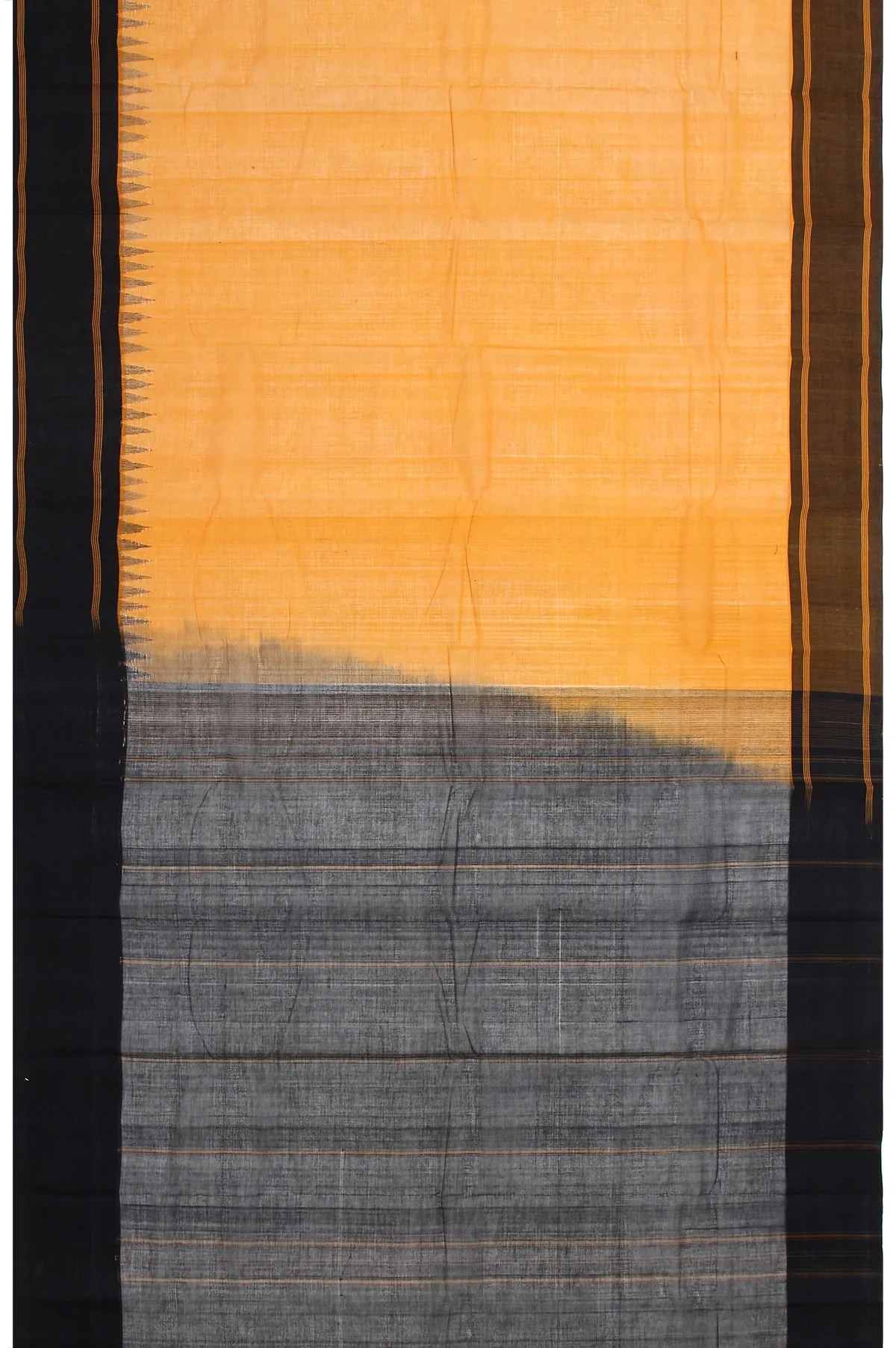 Mustard Kanchi Cotton Saree with Black Mustard Stripes and Temple Design