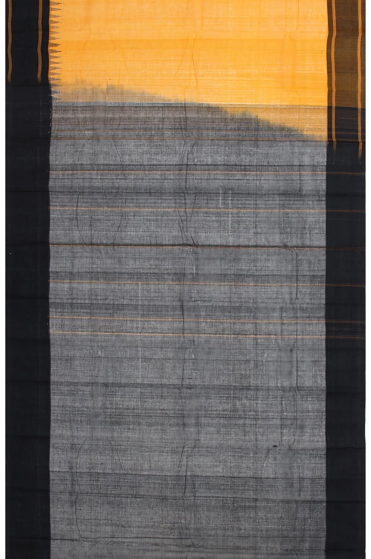 Mustard Kanchi Cotton Saree with Black Mustard Stripes and Temple Design